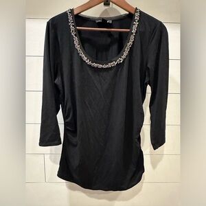 White House Black Market Black Top with Embellished Neckline- size Large